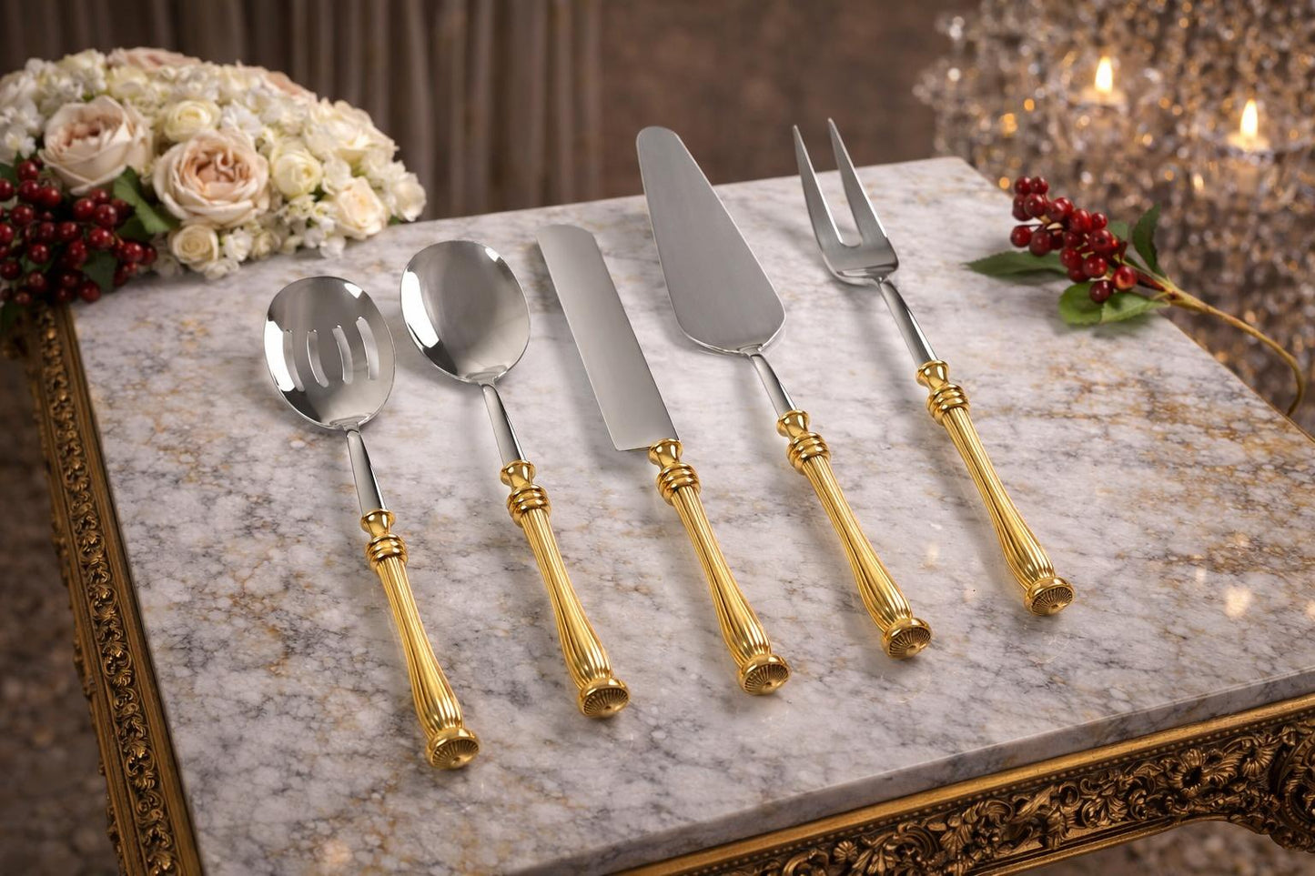 Elegant Serving Utensil Set with Textured Brass Handles
