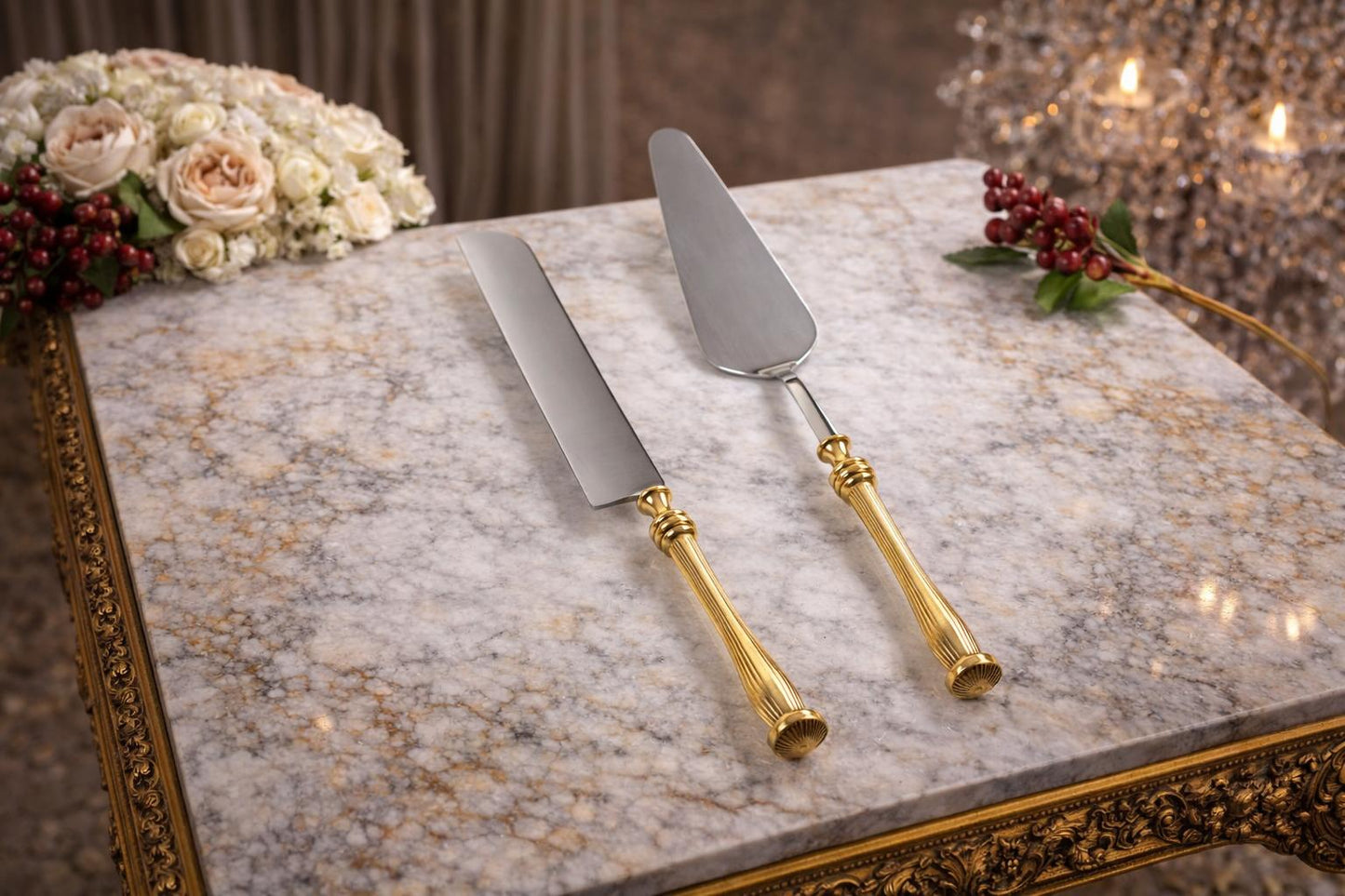 Elegant Serving Utensil Set with Textured Brass Handles