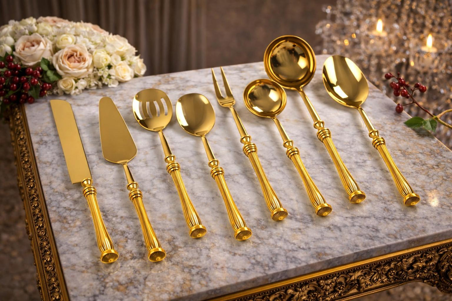 Elegant Serving Utensil Set with Textured Brass Handles
