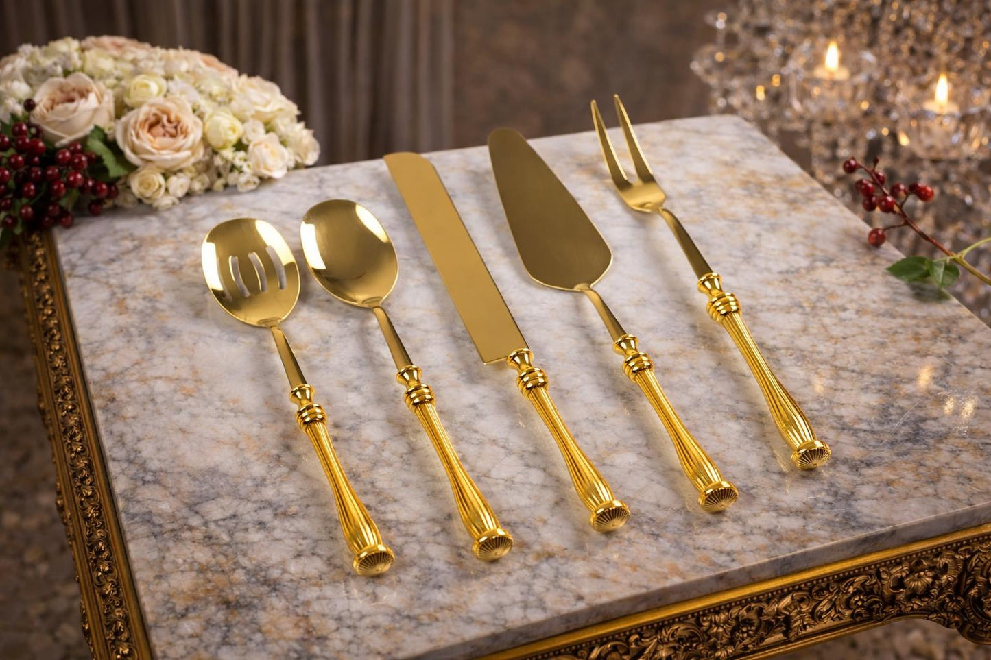 Elegant Serving Utensil Set with Textured Brass Handles