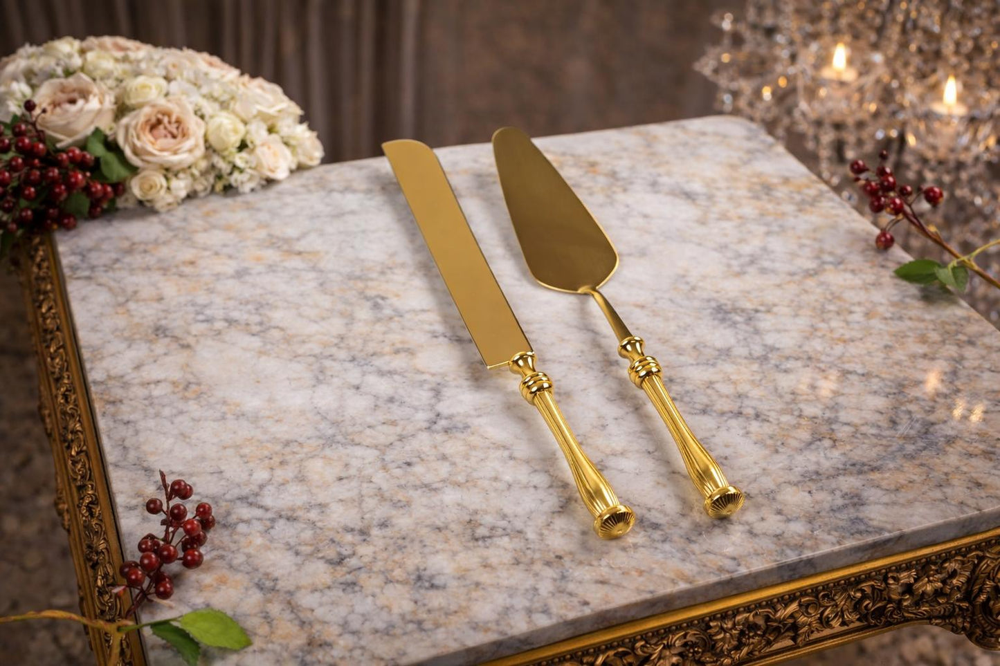 Elegant Serving Utensil Set with Textured Brass Handles