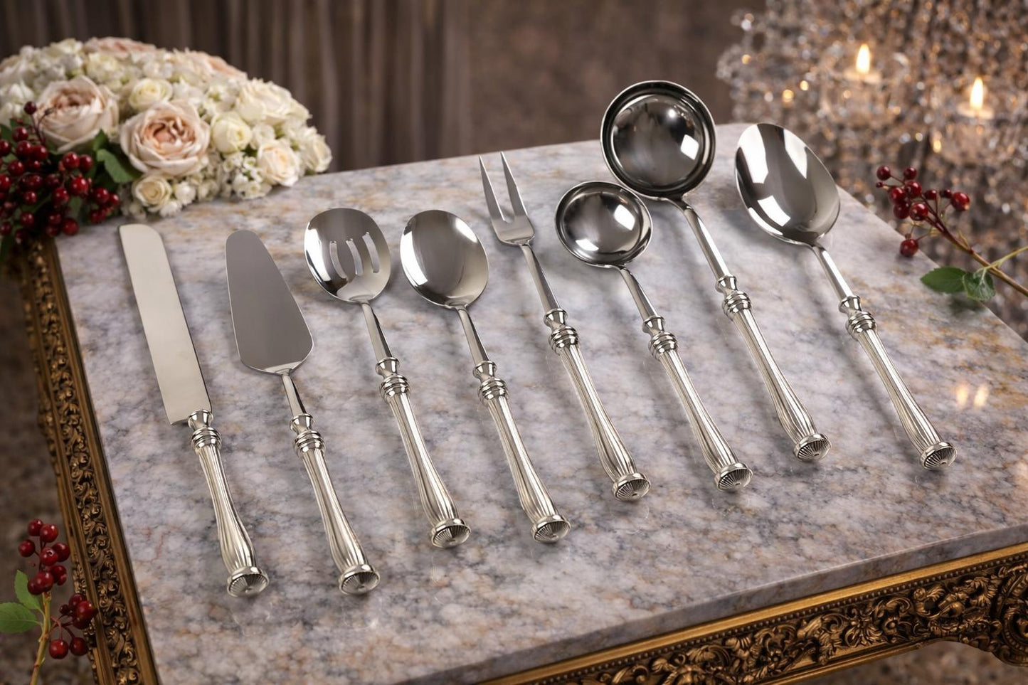 Elegant Serving Utensil Set with Textured Brass Handles