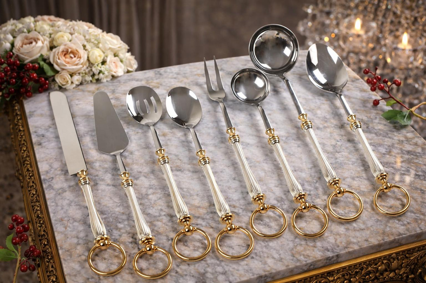 5 Piece Premium Serving Utensil Set with Decorative Ring Handles