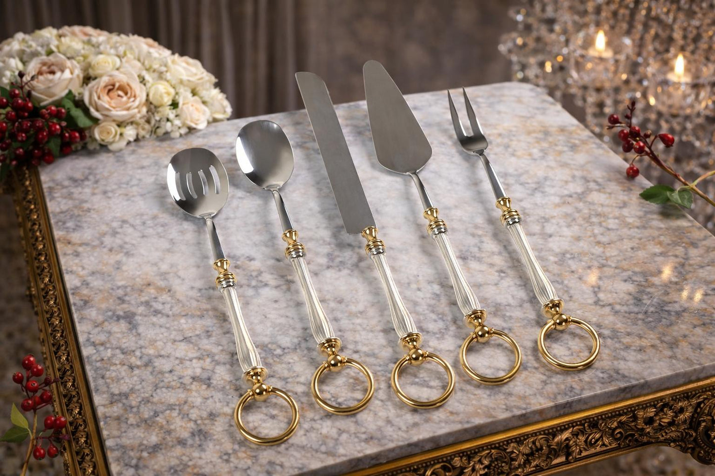 5 Piece Premium Serving Utensil Set with Decorative Ring Handles
