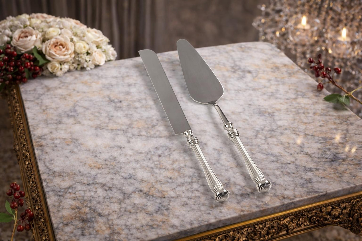 Elegant Serving Utensil Set with Textured Brass Handles
