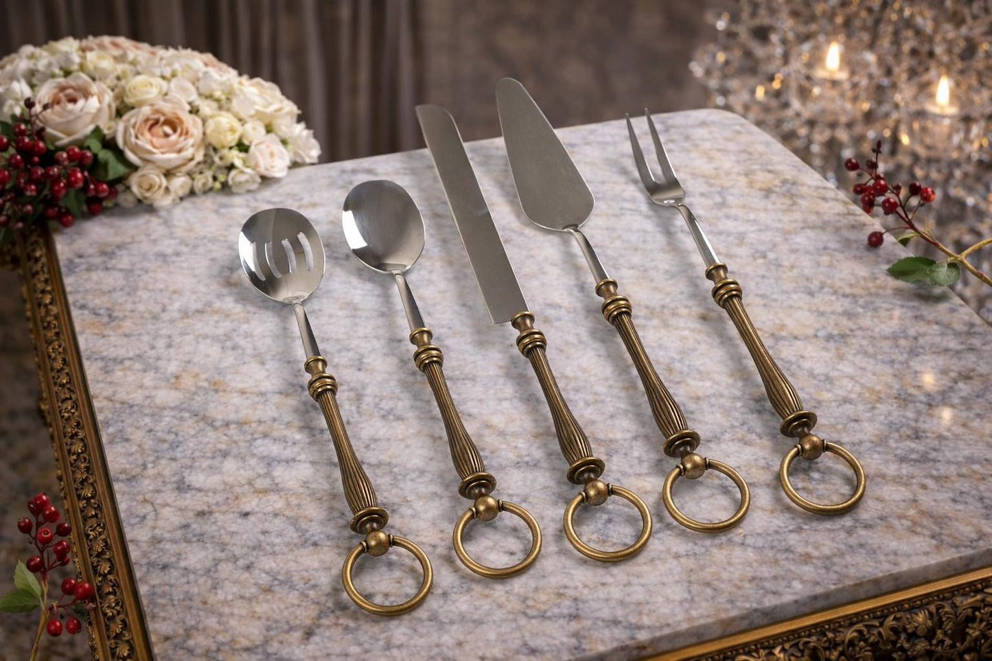 5 Piece Premium Serving Utensil Set with Decorative Ring Handles
