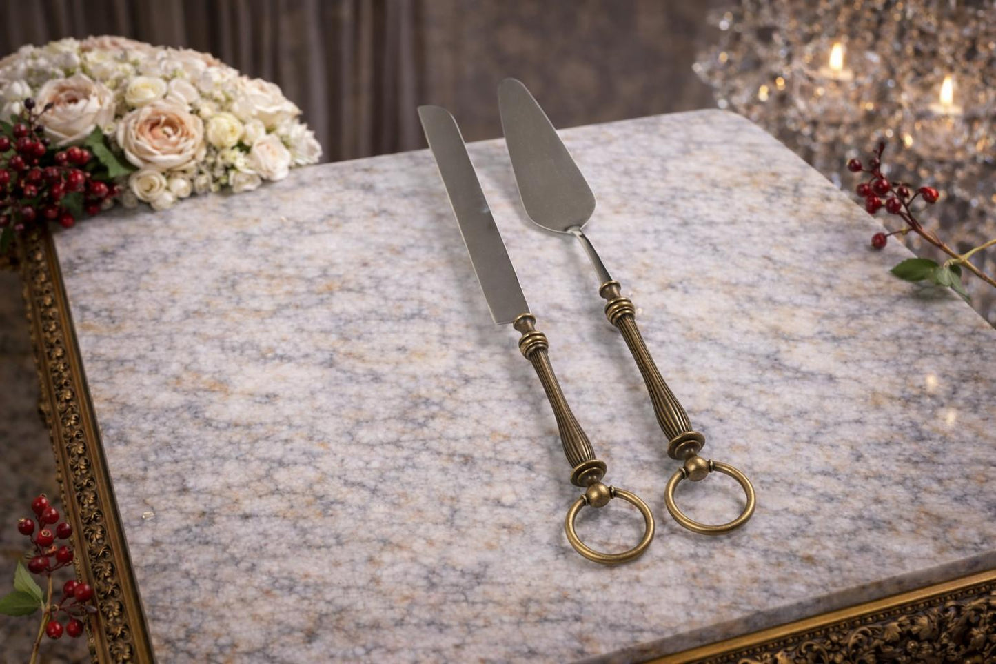 5 Piece Premium Serving Utensil Set with Decorative Ring Handles