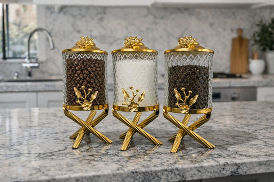 Gold Glass Canister Set | 3 Piece Crystal Storage Jars for Coffee, Tea & Sugar with Decorative Stands