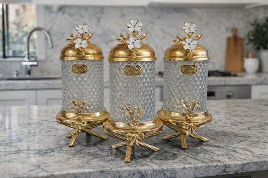 Luxury Gold Canister Set | 3 Piece Kitchen Storage Jar Set with White Flower Design