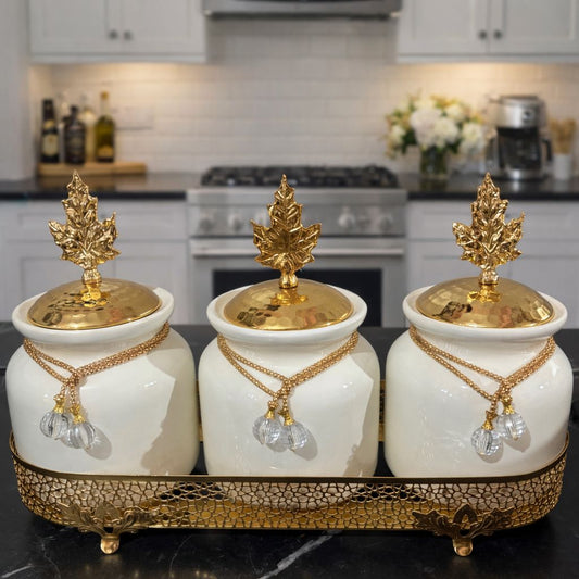 Luxury 3-Piece Porcelain Gold Canister Set – Premium Kitchen Storage for Coffee, Tea & Sugar