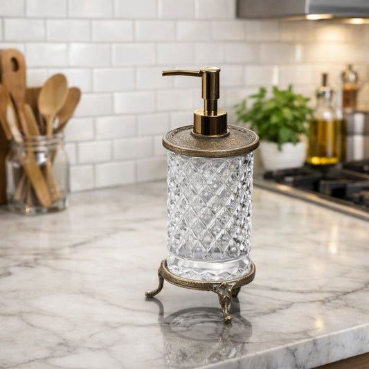 Antique Crystal Glass Soap Dispenser - Premium Diamond Cut Design for Kitchen & Bathroom