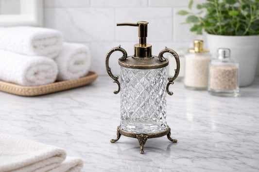 Antique Crystal Glass Soap Dispenser with Ornate Handles | Premium Diamond Cut Design for Kitchen & Bathroom