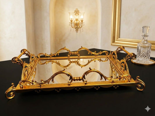 Large Gold Luxury Mirrored Serving Tray - Premium Vanity Organizer for Perfume, Jewelry & Makeup