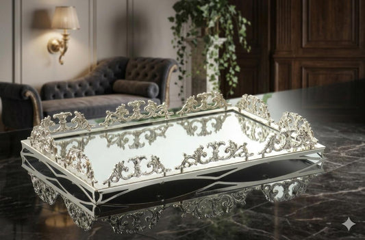 Large Mirrored Silver Vanity Tray - Decorative Serving Tray for Perfume, Jewelry & Makeup Organizer