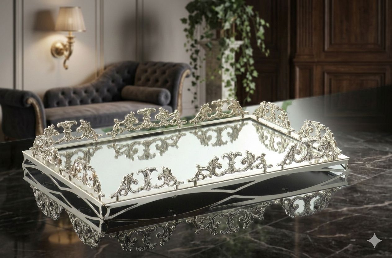 Large Mirrored Antique Vanity Tray - Decorative Serving Tray for Perfume, Jewelry & Makeup Organizer