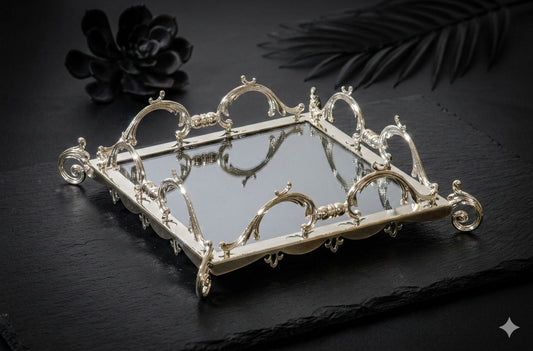 Square Mirrored Silver Vanity Tray - Decorative Serving Tray for Perfume, Jewelry & Makeup Organizer