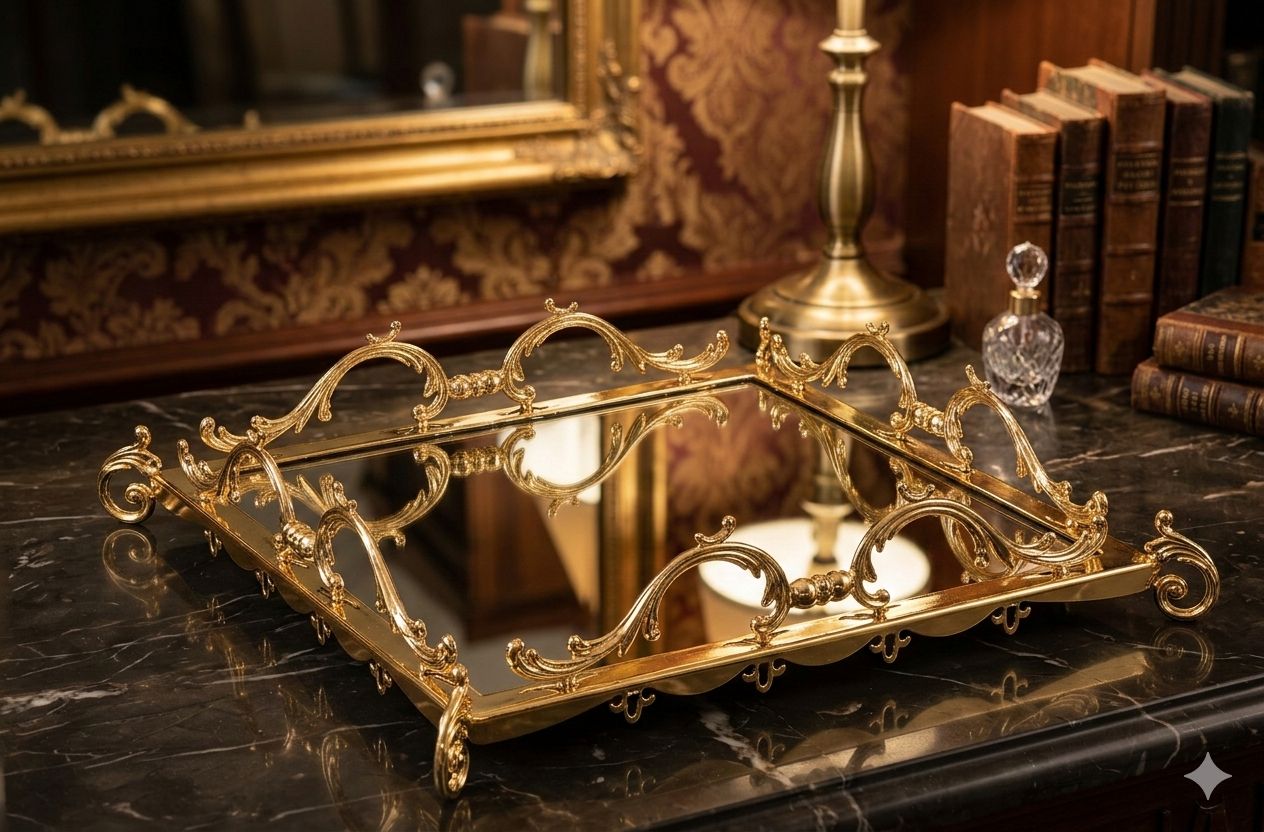 Square Mirrored Gold Vanity Tray - Decorative Serving Tray for Perfume, Jewelry & Makeup Organizer