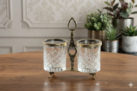 Antique Dual Crystal Glass Spoon Holder | 2 Compartment Kitchen Utensil Organizer